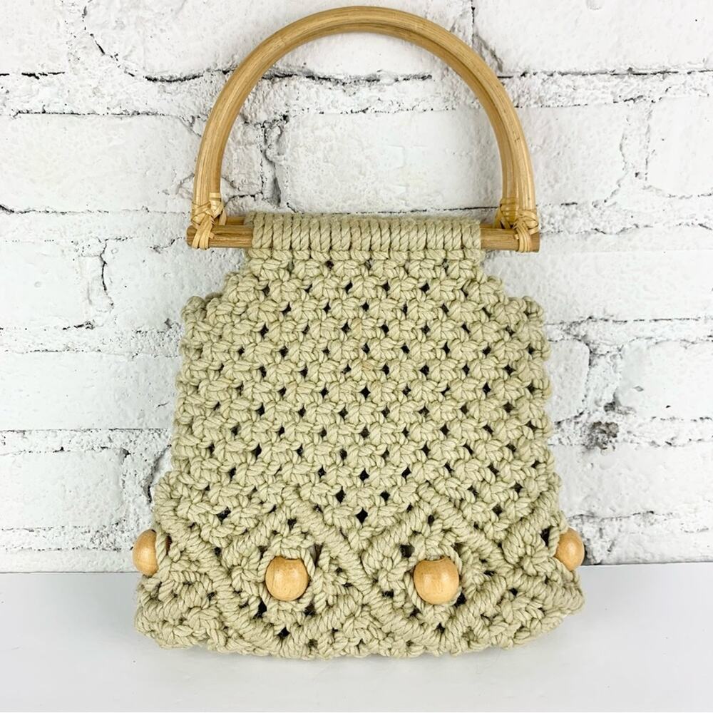 Vintage Macrame Hand Knotted Wooden Handle Crochet Beaded Bag Handbag Purse